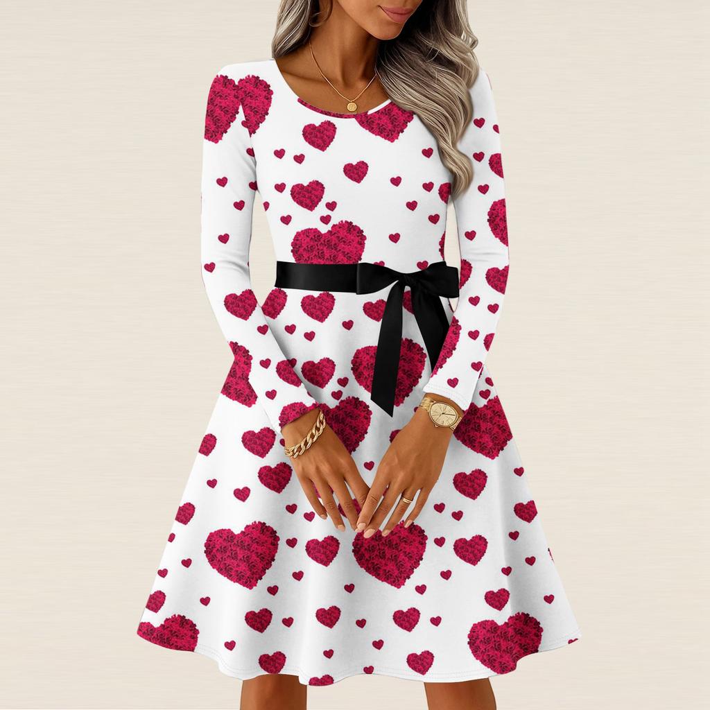 Damen Casual Mode Langarm Vintage Lange Kleider Frühling Valentinstag