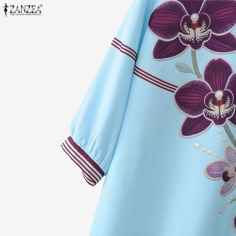 ZANZEA Women Casual Round Neck Floral Print Loose 3/4 Sleeve Blouse