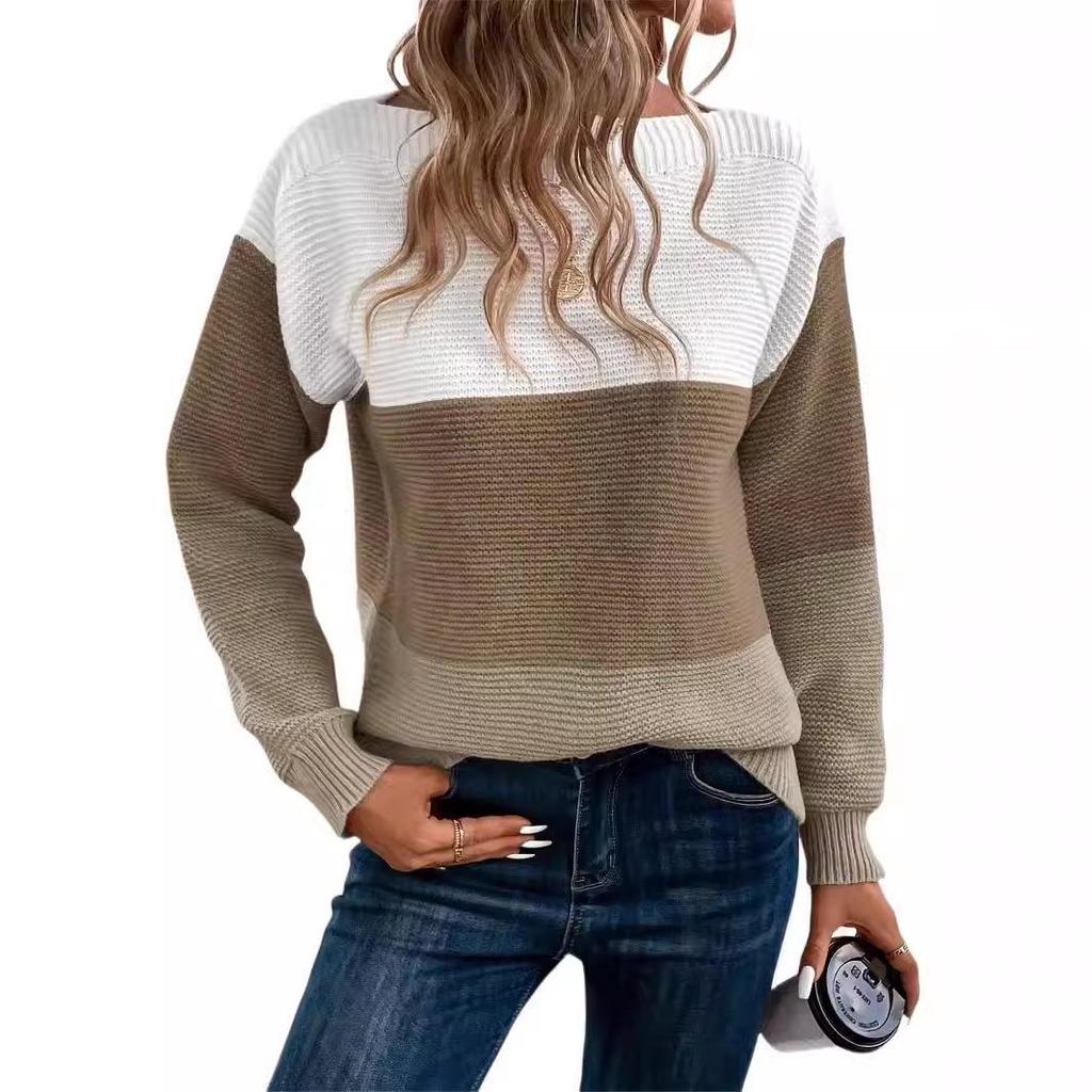 2026 Women's Color Block Patchwork Knit Sweater - Autumn/Winter Round Neck Long Sleeve Pullover Top