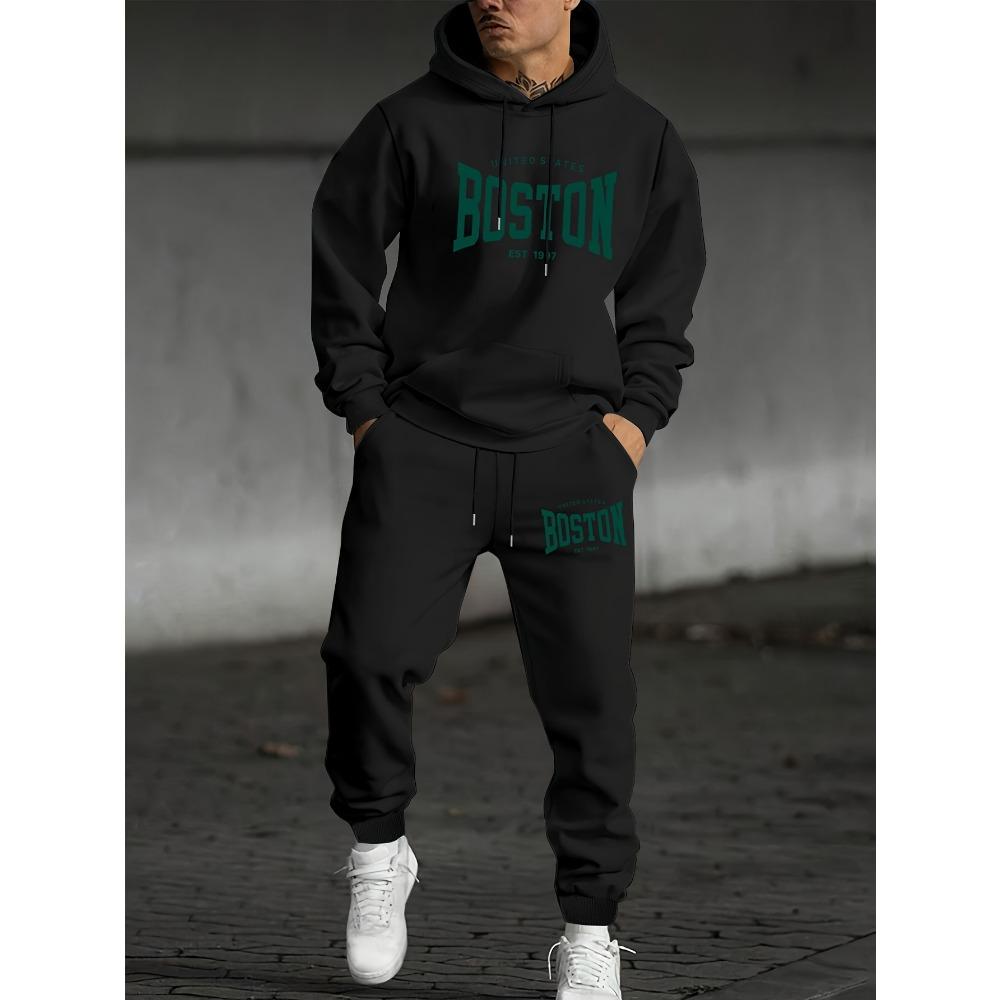 Men's Two Piece Casual Suit with Printed Drawstring Hoodie and Matching Drawstring Sweatpants, Suitable for Traveling