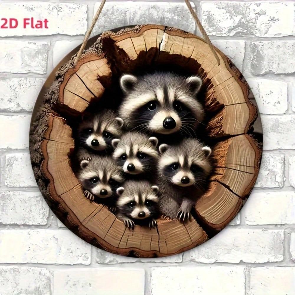 Metal Wall Art Raccoon Family Flat Design, Holes and Rope Included, Home Decor
