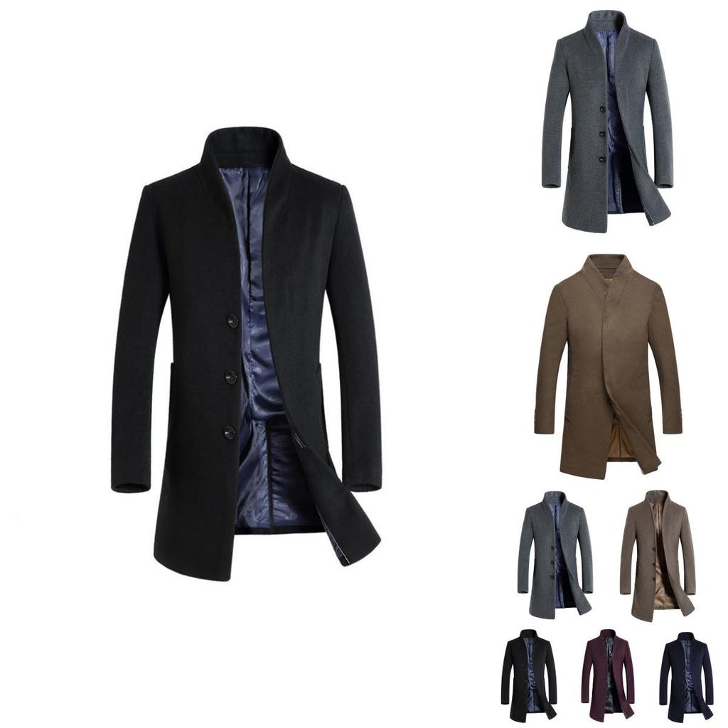 Luxurious Mens Winter Formal Trench Coat Double Breasted Long Wool Jacket Outwear