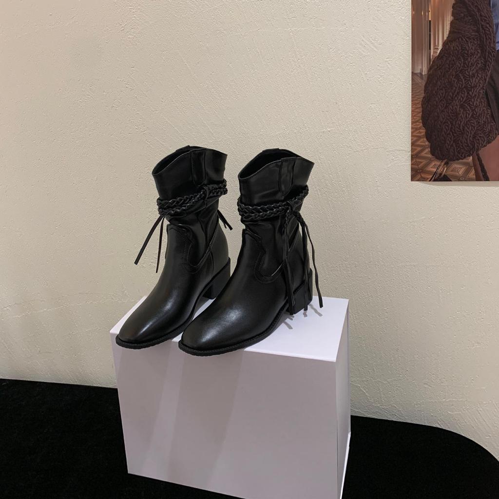 2025 Autumn and Winter New Tassel Thick Heel Women's Boots Square Head Inner Height Increase Western Cowboy Boots High Heel Knight Medium Boots