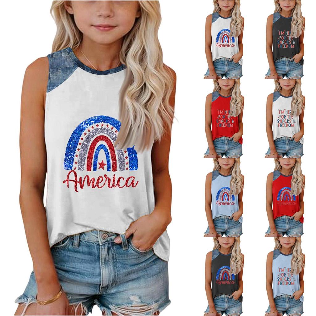 Girls Sleeveless Tank Top Loose Fit Round Neck T Shirt Independence Day Denim Print Casual Summer Tee for Kids