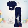 Girls Casual Red Blue Printed Round Neck Short Sleeve Top Flared Pants Two Piece Set