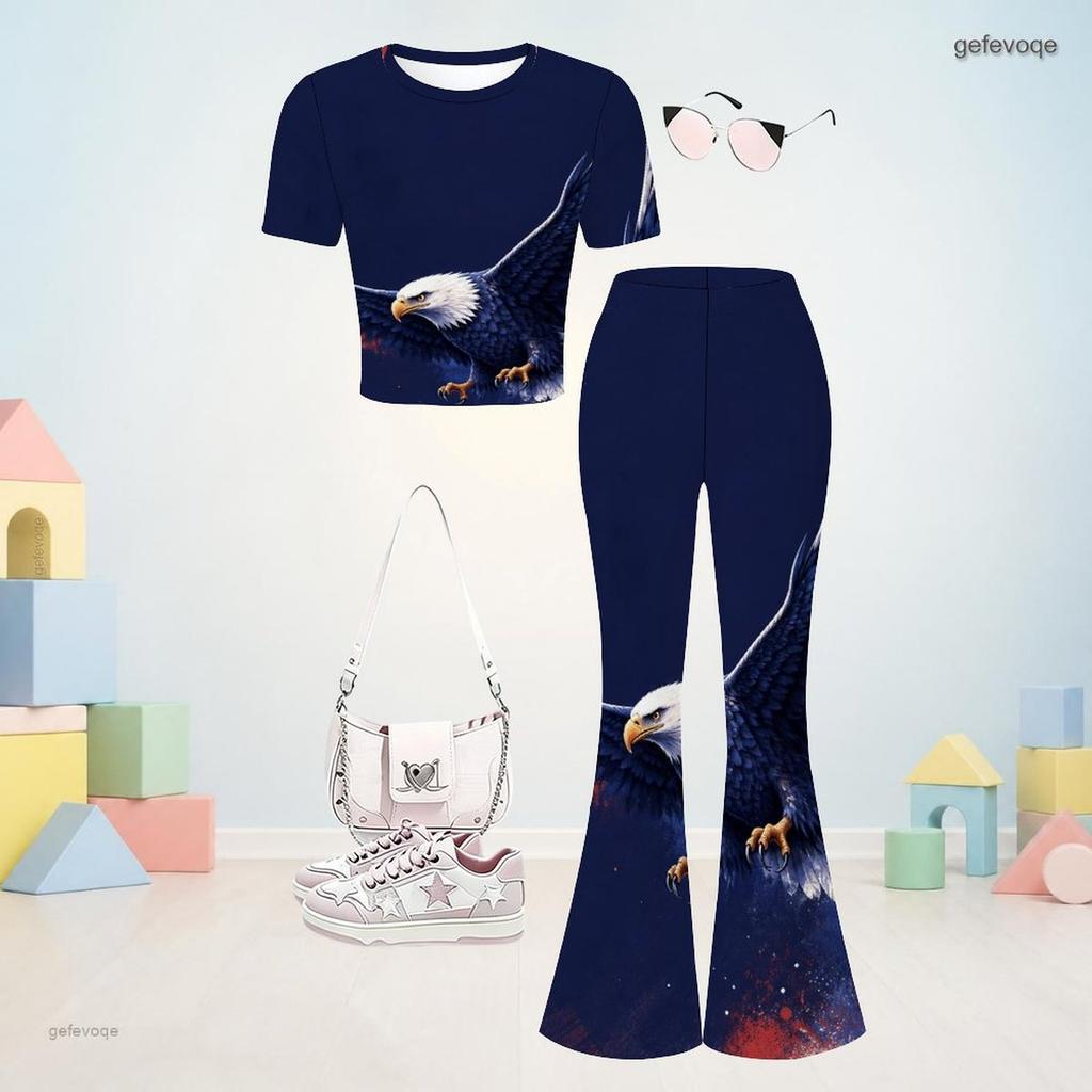 Girls Casual Red Blue Printed Round Neck Short Sleeve Top Flared Pants Two Piece Set