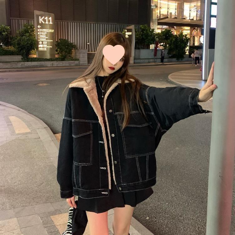 Women's Fleece-Lined Denim Jacket - 2025 Autumn/Winter Korean Casual Workwear, Cotton-Padded, Hong Kong Style, Versatile and Loose Fit