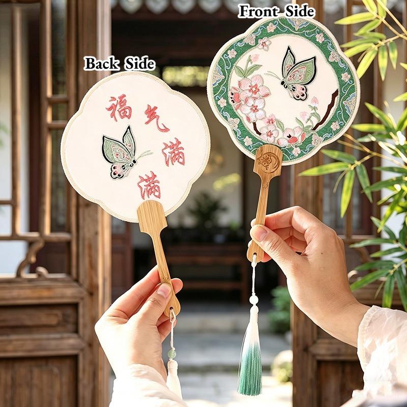 Ancient Handheld Flora Embroidered Fan with Pendant Floral Shaped Chinese Style Fan Butterfly Tassels Group Fan Photography Prop