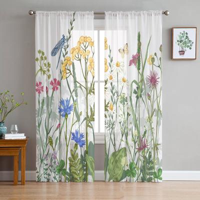 Rideaux transparents en Tulle avec fleurs, papillon et libellule, pour fenêtre de salon, chambre à coucher, cuisine, décoration de la maison, Voile