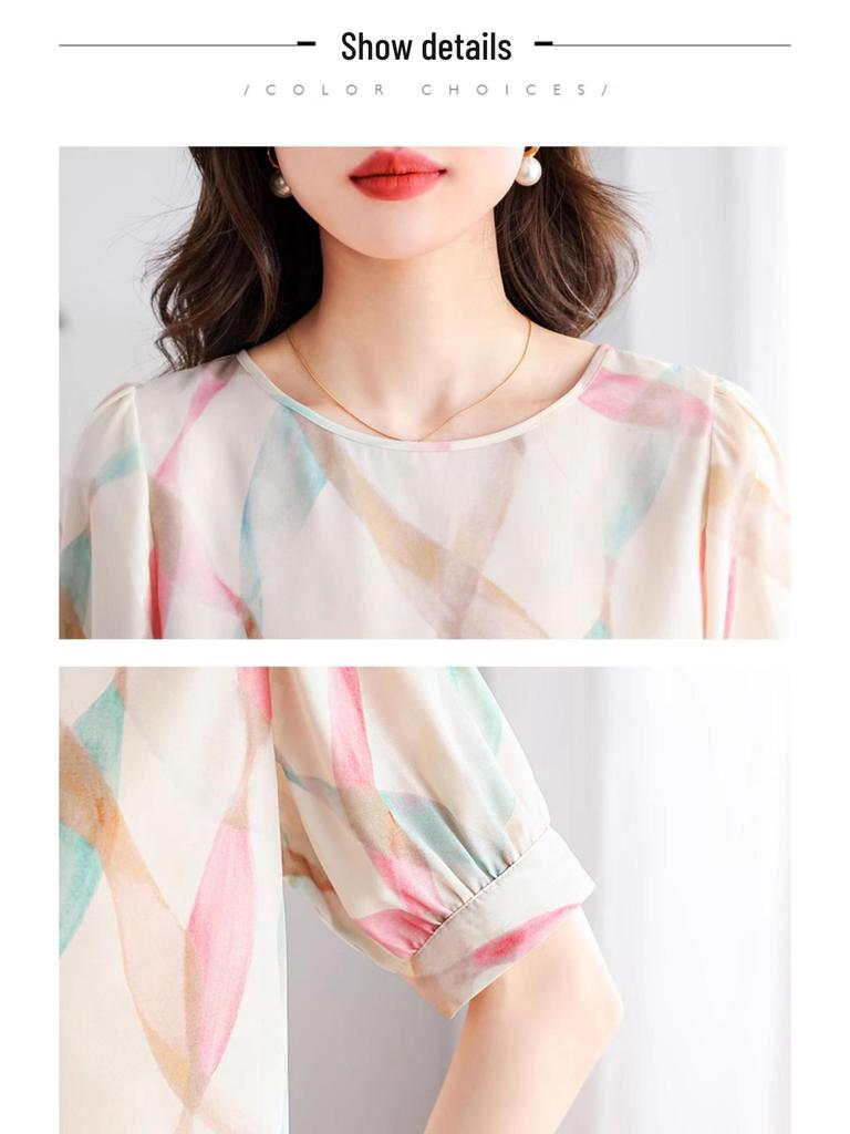 Women's 2025 New Style Contrast Color Chiffon Short-Sleeved Pullover Top