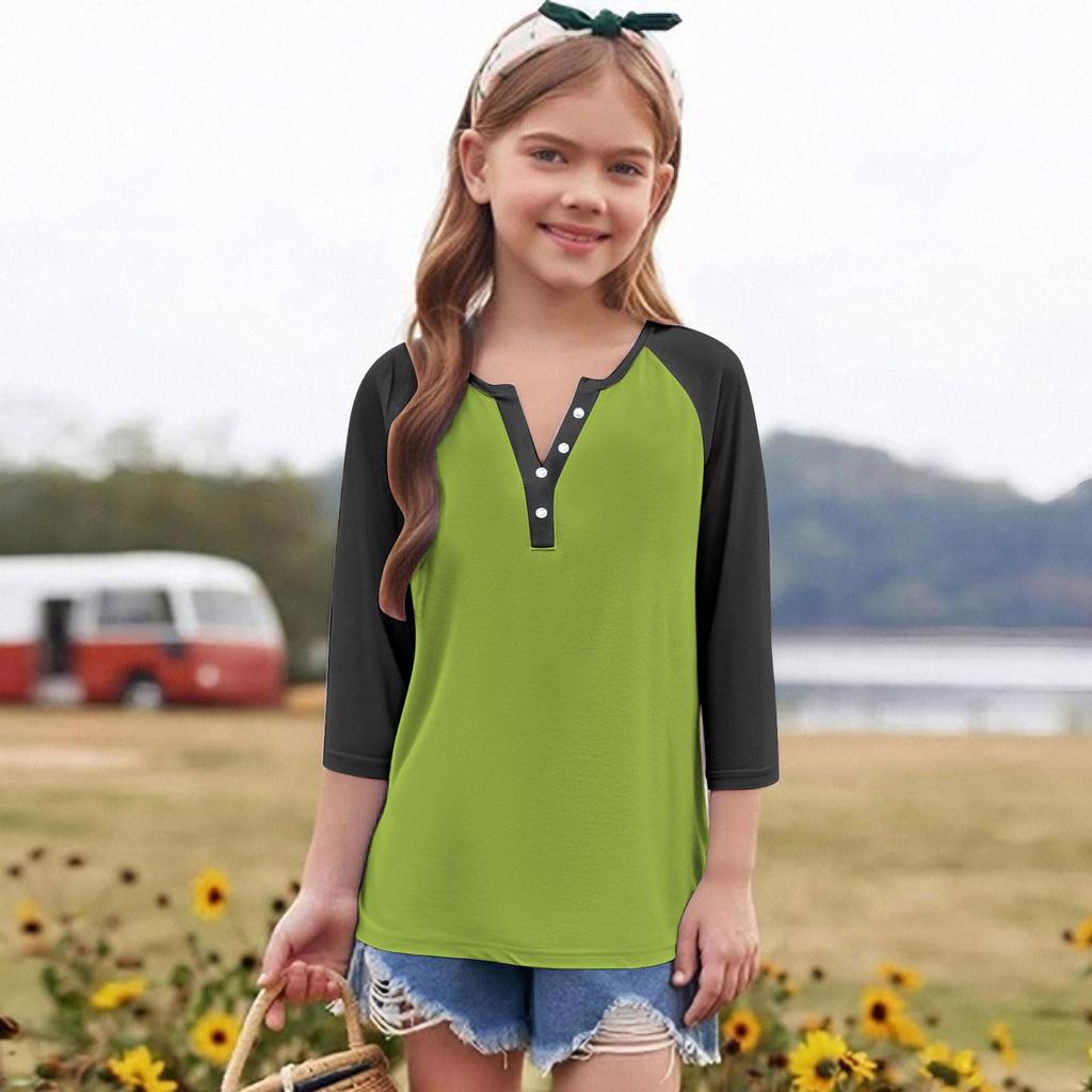 Print Tops For Youth Girls Round Neck 3/4 Sleeves T-Shirts Trendy Tops Outfit Tees