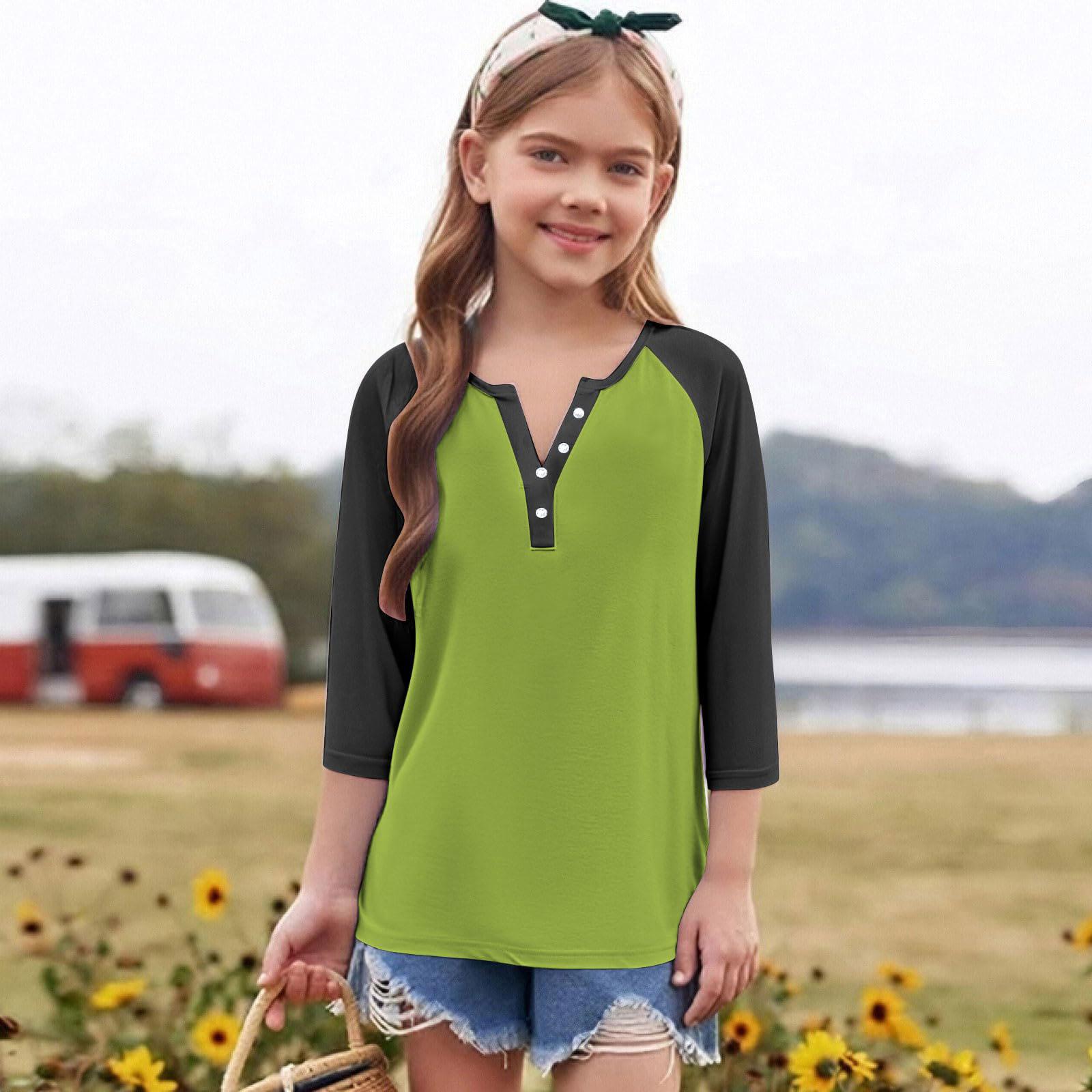 

Print Tops For Youth Girls Round Neck 3/4 Sleeves T-Shirts Trendy Tops Outfit Tees 110 армия зеленый