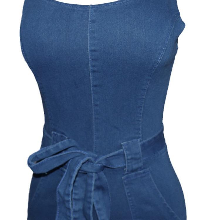 Women's European & American African Denim Halter Jumpsuit: Whitened, Washed, Stretchy, Tie Waist Belt.