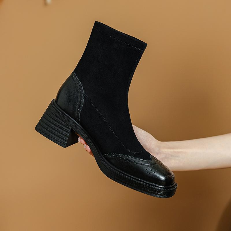 Fashion 2025 NEW Autumn Women Boots Stretch Fabric Shoes for Women Round Toe Chunky Heel Boots for Women Black Platform Boots Brown
