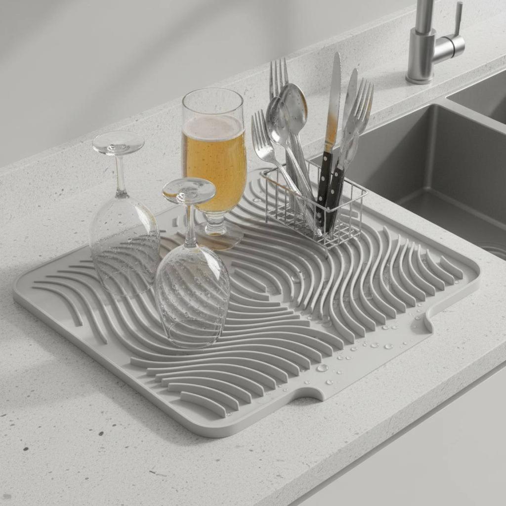 Sloped Draining Tray Heat Resistant Silicone Dish Drying Mat Kitchen Counter Draining Pad Easy to Clean for Bar