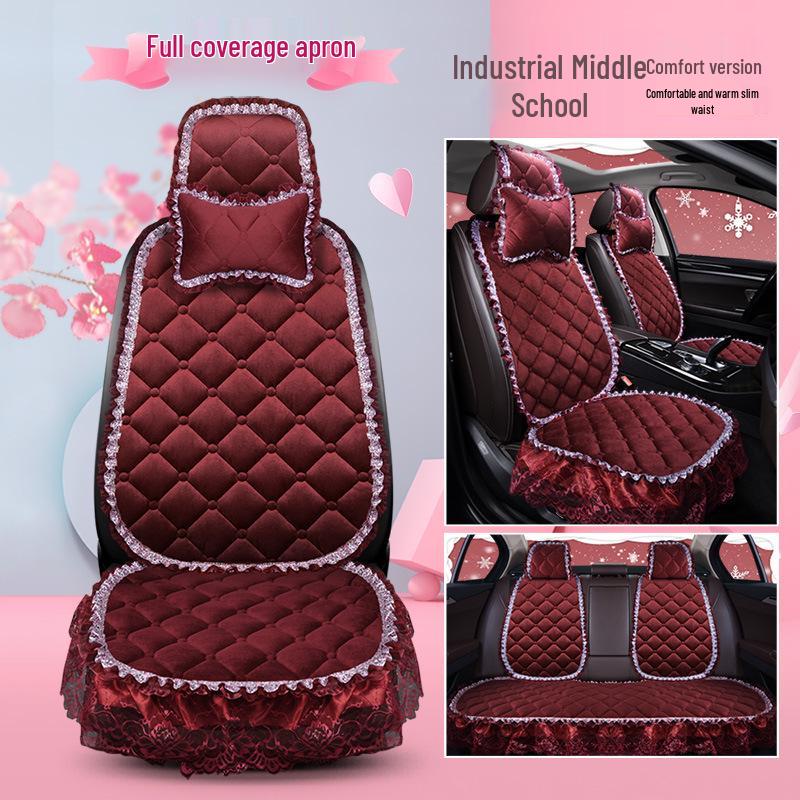 Uniwersalna antypoślizgowa pluszowa poduszka na fotel samochodowy z koronkowym wykończeniem na jesień i zimę