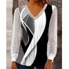 Herbst Winter Frauen Bluse V-ausschnitt Lose Druck Hohl Spitze Patchwork Hemd Damen Top