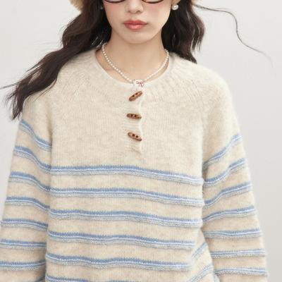2025 Korean Fashion O Neck Color Blocked Knitted Sweater Women's Autumn /Winter Striped Casual Long Sleeves Pullovers