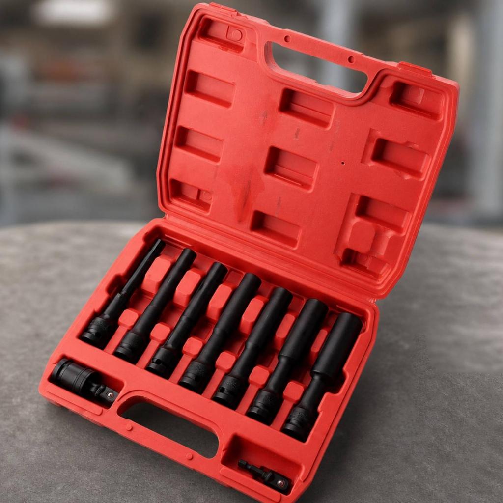 9 Pieces Thin Wall Lug Nut Socket Set Extra-Long Tool 6-Point for Garage, DIYers