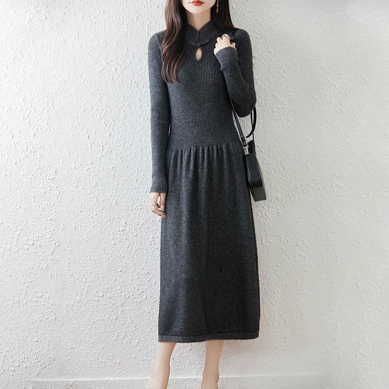 Retro Chinese Stand Collar A-Line Wool Knit Dress, Knee-Length Loose Fit for Autumn/Winter