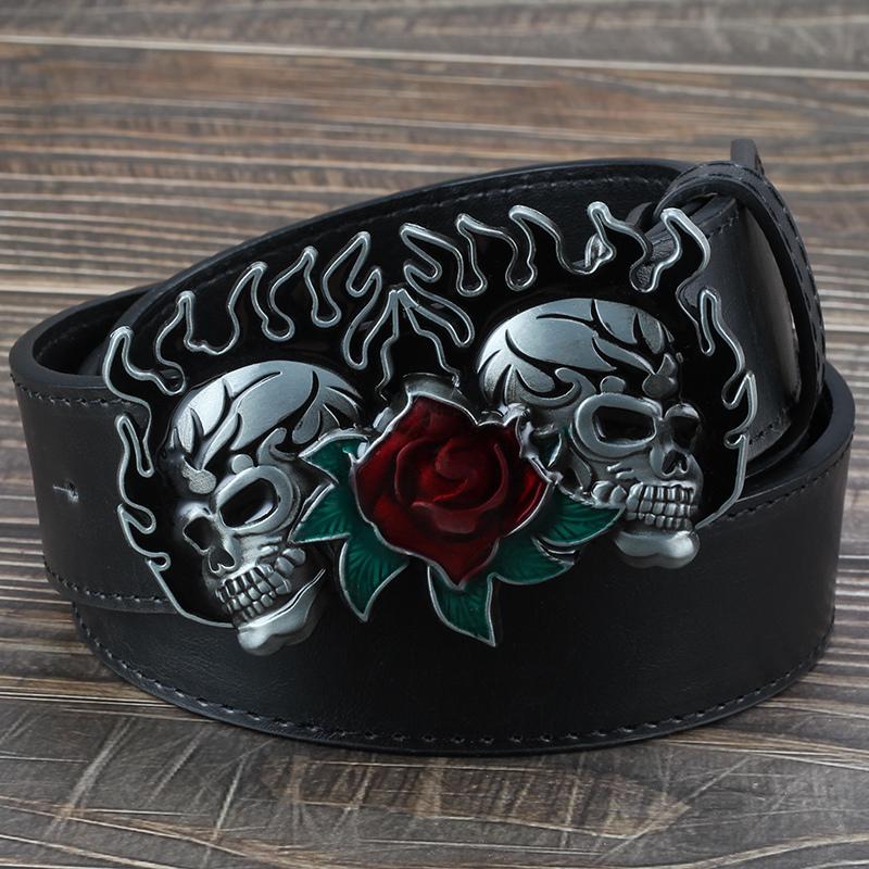Drop shipping Flame Skull Rose Flower Pattern Buckle Fashion Belt Double Skull Head Heavy Metal Rock style