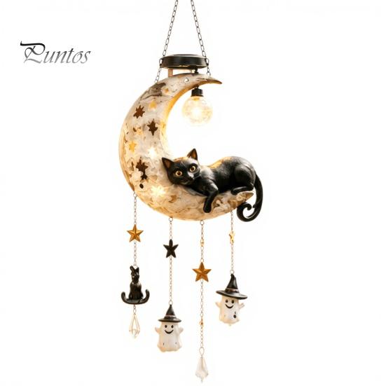 Creative Housewarming Gifts for Women Solar Moon Black Cat Wind Chime Light, Powered Hanging Lamp, Waterproof Resin Outdoor Garden Chimes Decor Patio