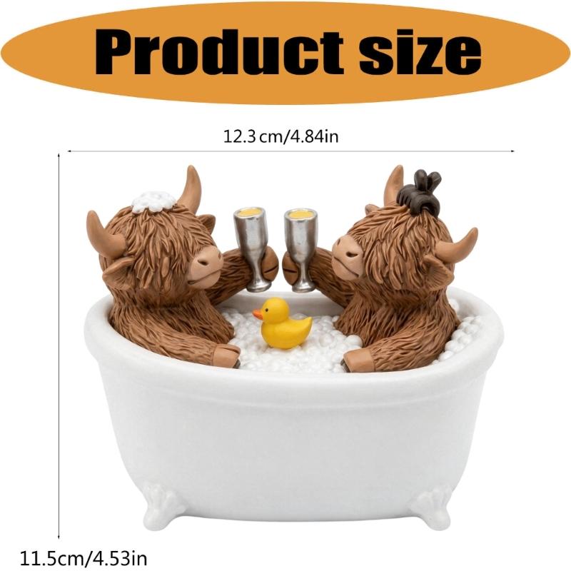 Animal Decors Resin High Land Cow Figurine with Bathtub Scene for Shelf or Entryway Table, Home Accent for Desk Display Area