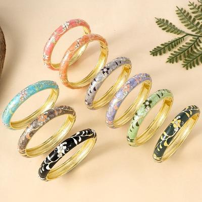 Enamel Floral Flower Crystal Bangle Traditional Women's Hand Bracelet  Jewelry Gifts