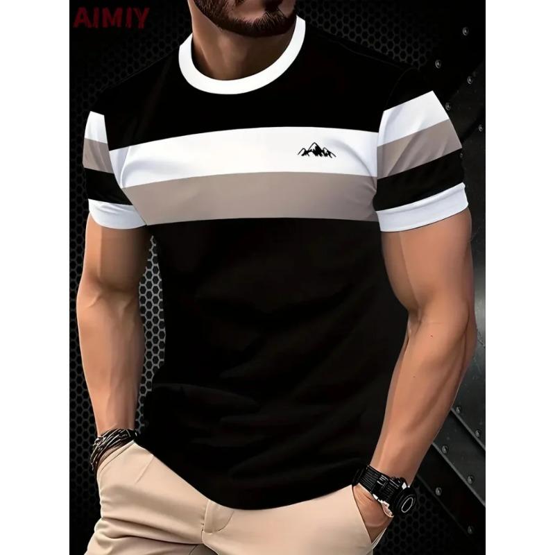T Shirt Man Classic Men's Clothing Outdoor Round Neck Short Sleeve Top Stripe Print Street Loose T-Shirt