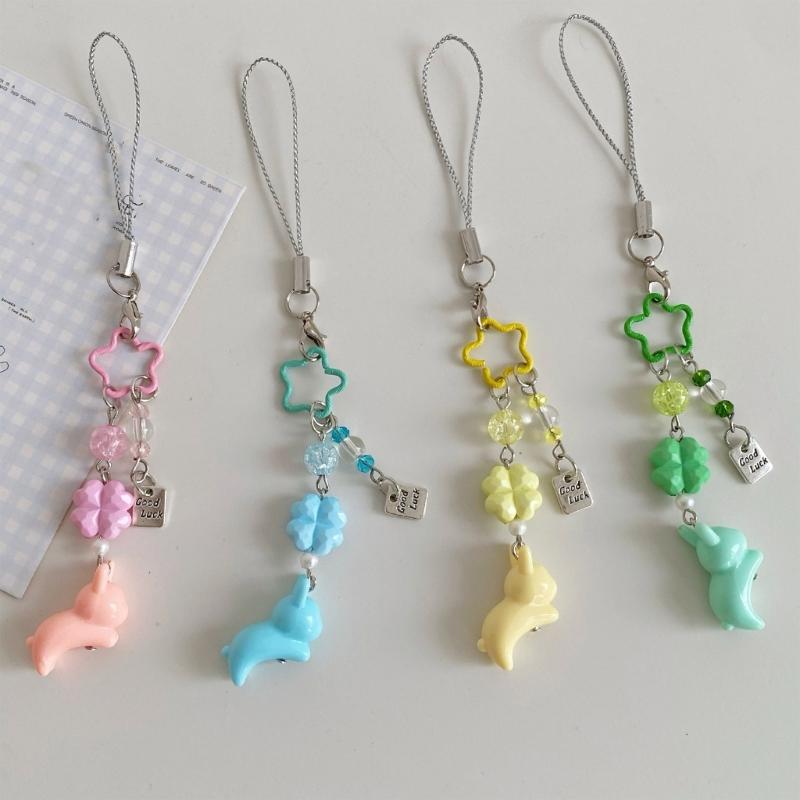 Beaded Clovers Leaf Mobile Charm Youth Trendy Phone Decors Charm Cartoon Acrylic Keychain Lucky Bag Hanging Decoration