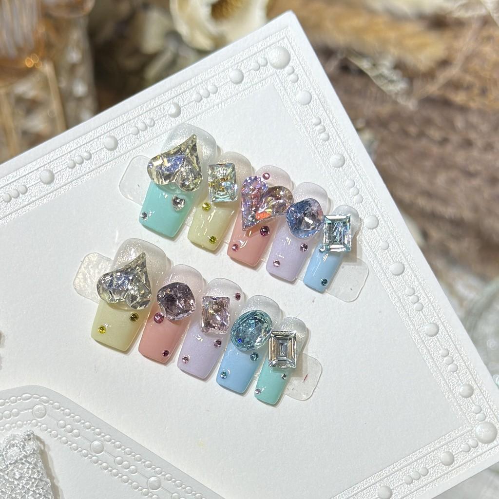 Handmade Press On Nail French Spring Summer Fresh Colorful 3D Diamond Shining Long Square Fake Nail Patch Artificial Nail Reusable