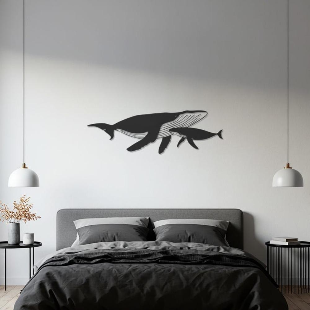 Whale Family Metal Wall Art Ocean Inspired Whale Calf Silhouette Minimalist Sea Life Decor for Living Room Office