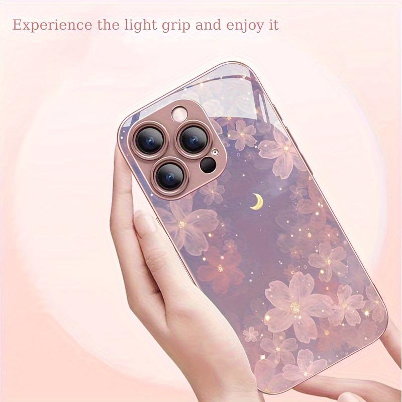 Cherry Blossom Star Pattern Metallic Paint Glass Hard Phone Case For iPhone 17Air 17 16 Pro Max 14 15 Plus 11 12 13 16E Cover
