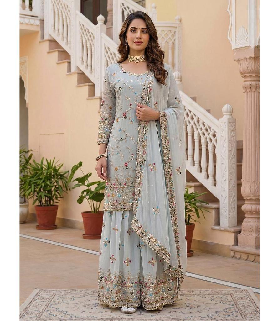 Costume Salwar Sharara Designer Femme Georgette Synthétique Tenue de Soirée Indienne Bollywood Salwar Kameez