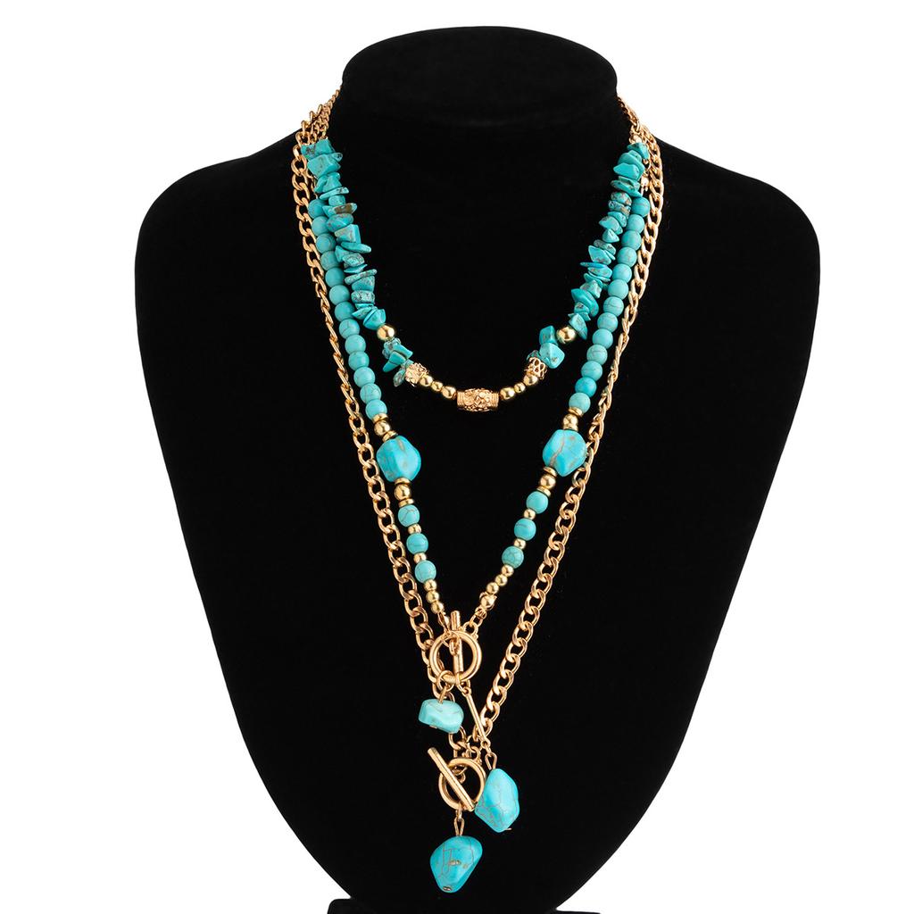 Collana a Strati Geometrica con Perline e Accenti di Pietra Turchese Catena Regolabile per Donna Accessorio di Moda Gioielleria