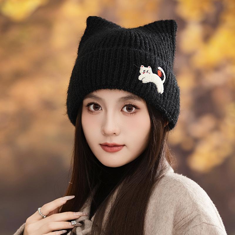 Autumn and Winter Hat Women's Wool Knitted Hat Cute Cat Ear Warm Cold Hat