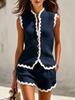 Women Knitted Two Piece Set Sleeveless Wave Edge Button Up Vest High Waist Shorts Summer Casual Suit