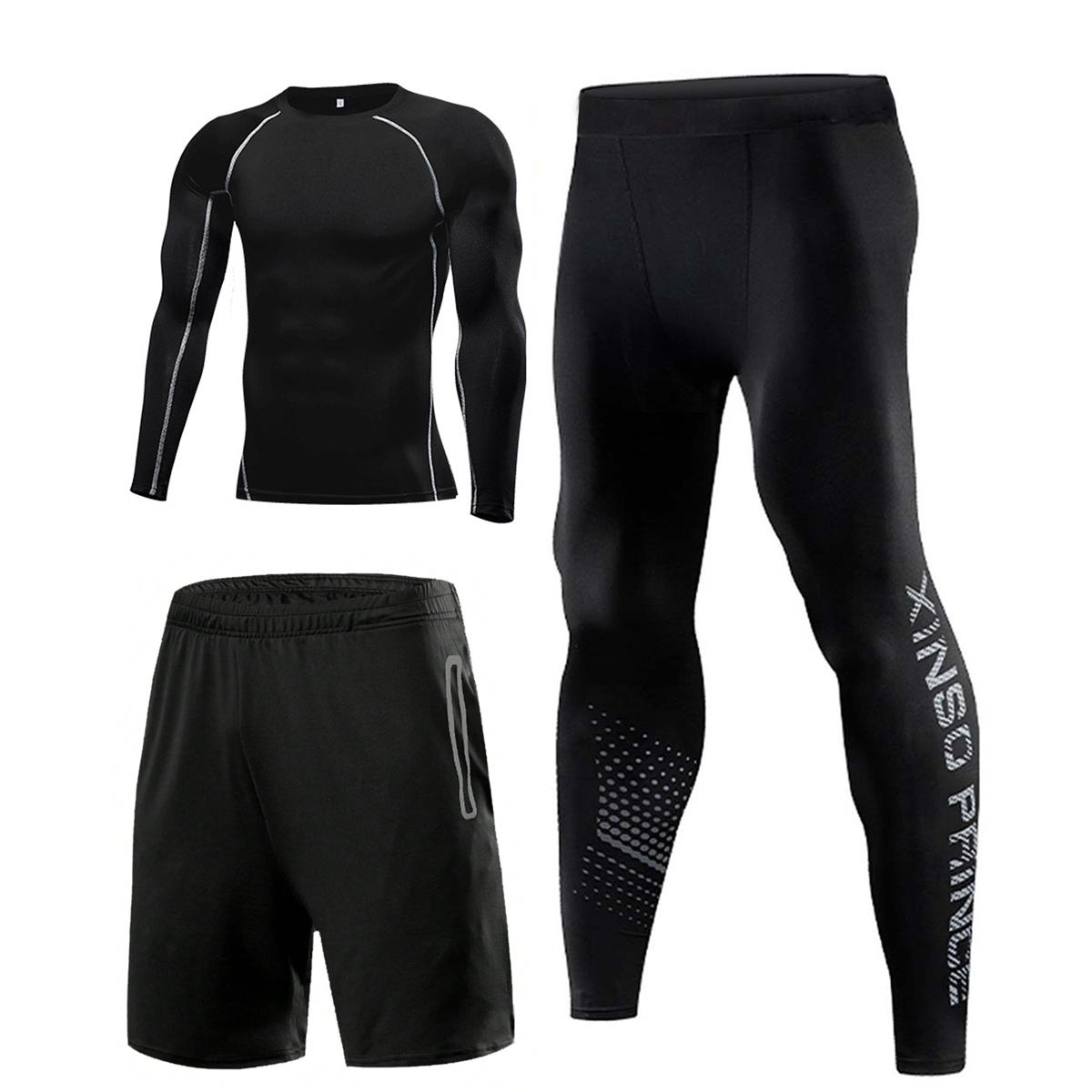 

3 шт./компл., мужской компрессионный костюм для спортзала и фитнеса, одежда с длинными рукавами, колготки для бега, спортивный костюм, спортивная одежда M чёрный