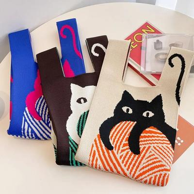 Moda Bolsa de malha de gato feita à mão Casual Cor Bolsa tote Estudante Reutilizável Sacolas de compras Mulheres Mini Nó Bolsa de pulso