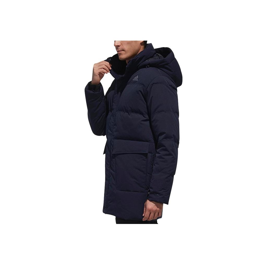 Adidas Solid Color Letter Print Hooded Mid-Length Down Jacket Men Outerwear Navy-Blue CK0970