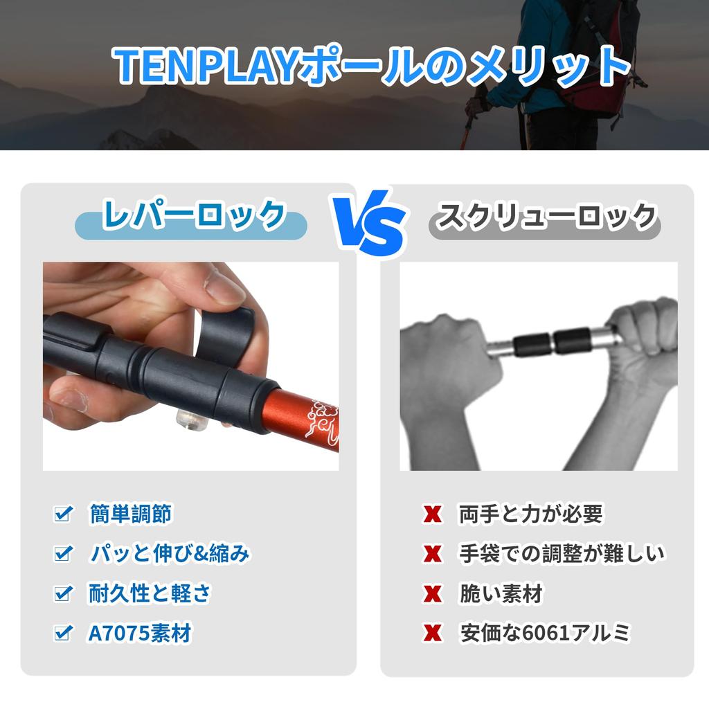 Tenplay Trekking Poles, Mountaineering Stocks, Walking Sticks, Made of A7075 Aluminum, Lightweight 220g, Comes with Storage Bag, Compact, Comes with