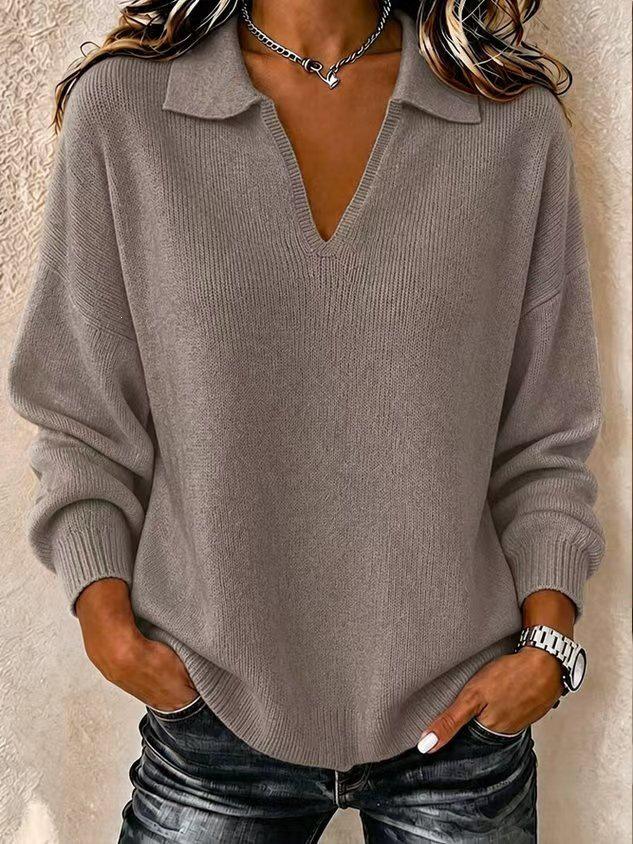 2026 European & American Cross-Border Fashion: Solid Color V-neck Long Sleeve Sweater for Women - Autumn/Winter Versatile Casual Wear