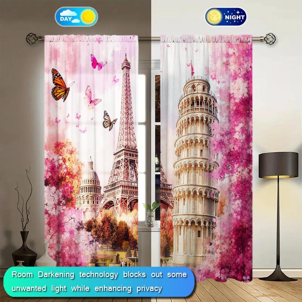 2-Panels Fans Sakura Paris Tower Curtains   Versatile Design Suitable for Any Style   Creating a Peaceful Living Space