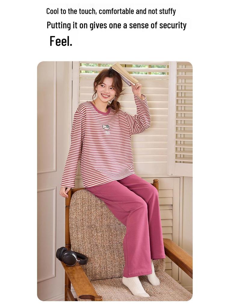 Women's Long-Sleeve Sweet Cartoon Homewear Set with Built-in Bra Pads - Spring/Autumn Cotton