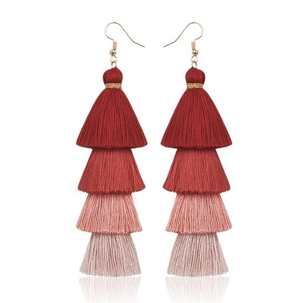 Bohemian Fringe Long Gradient Multilayer Drop Earrings Women Silk Fabric Ethnic Tassel Earring
