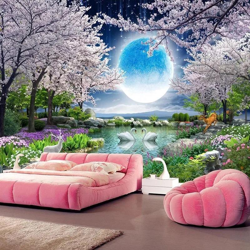 Photo Mural 3d Moon Wallpaper Flowers Tree Swan Landscape Wall Painting Background Living Room Bedroom Home Decor
