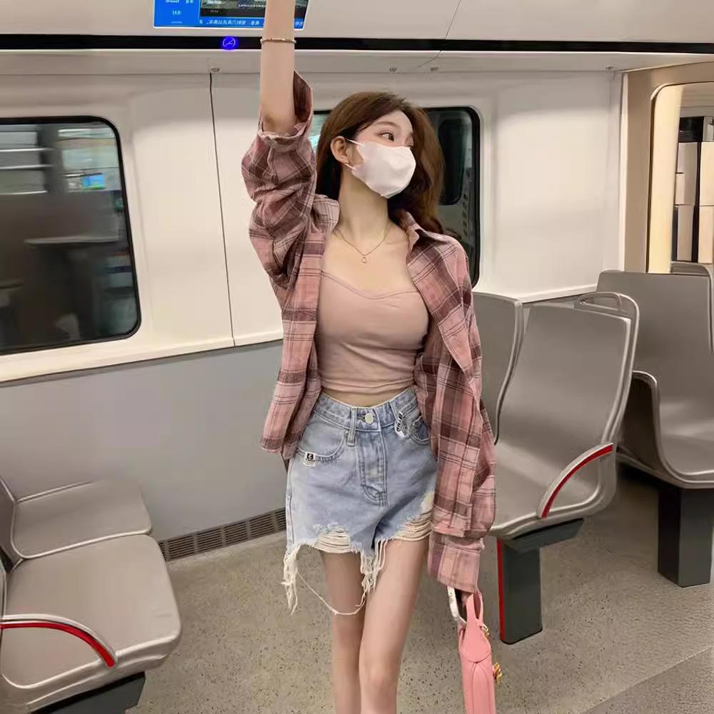 Women's Pink Plaid Polo Collar Shirt Jacket - 2024 Summer, Mid-Length, Sun Protection, Long Sleeve Top