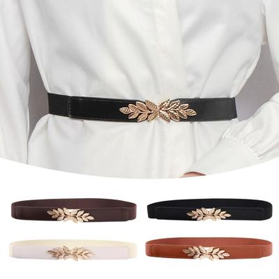Metal Buckle Leaf Waistbands PU Leather Waistband Strap Elastic Cummerbunds  For Women Lady Girl