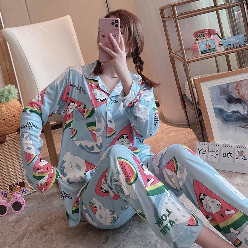Middle-Aged Mom Long Sleeve Pajamas - Green Plant Series Cardigan, Loose Plus Size Home Set for Women, Spring/Autumn.