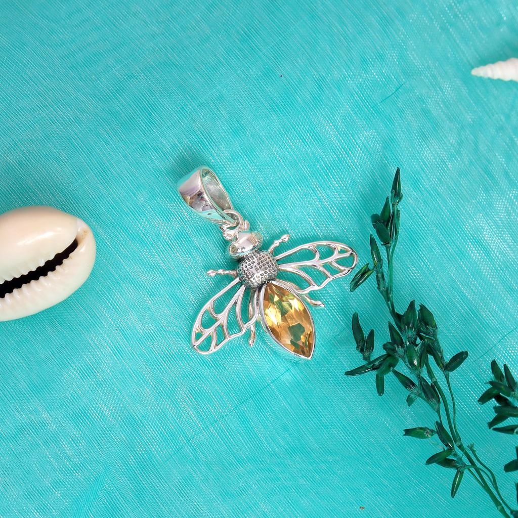 Citrine Bee Pendant: 925 Sterling Silver Charm Jewelry